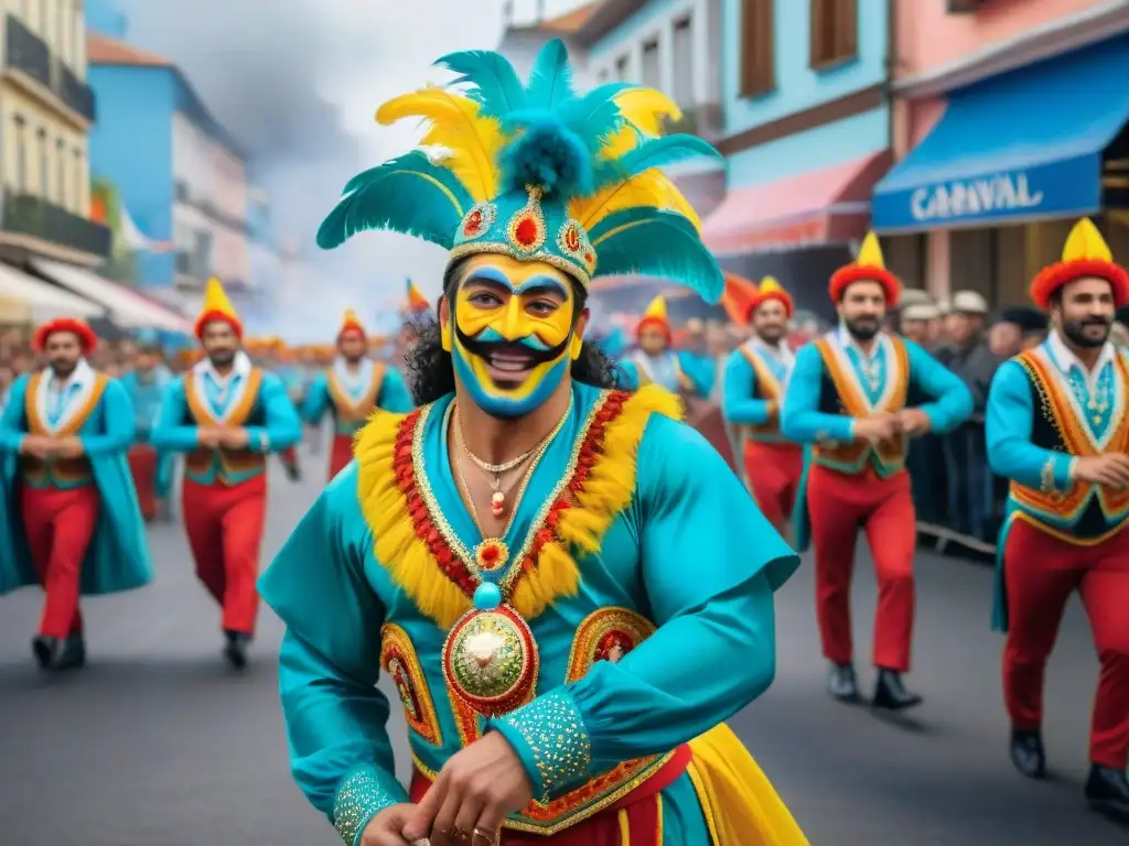 Pintura acuarela del Carnaval Uruguayo Vibrante pintura acuarela detallada del Carnaval Uruguayo, reflejando la tradición cultural con trajes y bailes coloridos