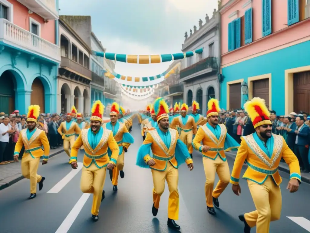 Deslumbrante Carnaval en Uruguay con acuarelas detalladas Una vibrante pintura acuarela detallada del Carnaval en Uruguay, capturando la historia del Carnaval Uruguayo en imágenes
