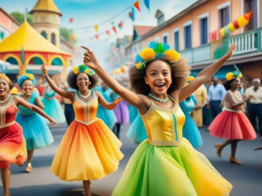 Niños bailando felices en el carnaval: acuarela detallada Una vibrante pintura acuarela detallada muestra niños bailando alegres en un colorido carnaval
