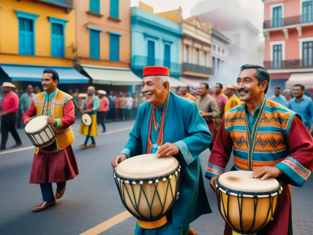 Vibrante desfile de músicos afro-uruguayos en Montevideo Vibrante pintura de los grandes maestros del Candombe Uruguayo tocando tambores en un desfile callejero