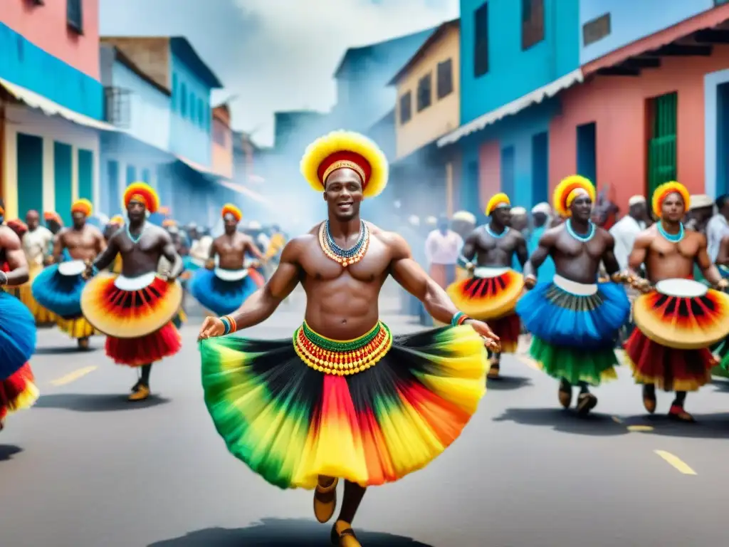 Desfile vibrante de candombe africano Una vibrante pintura acuarela de influencias africanas en vestuario candombe