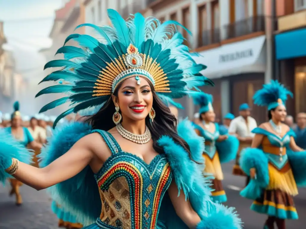 Desfile de comparsas uruguayas: danza y color vibrante Vibrante comparsa uruguaya en pintura acuarela