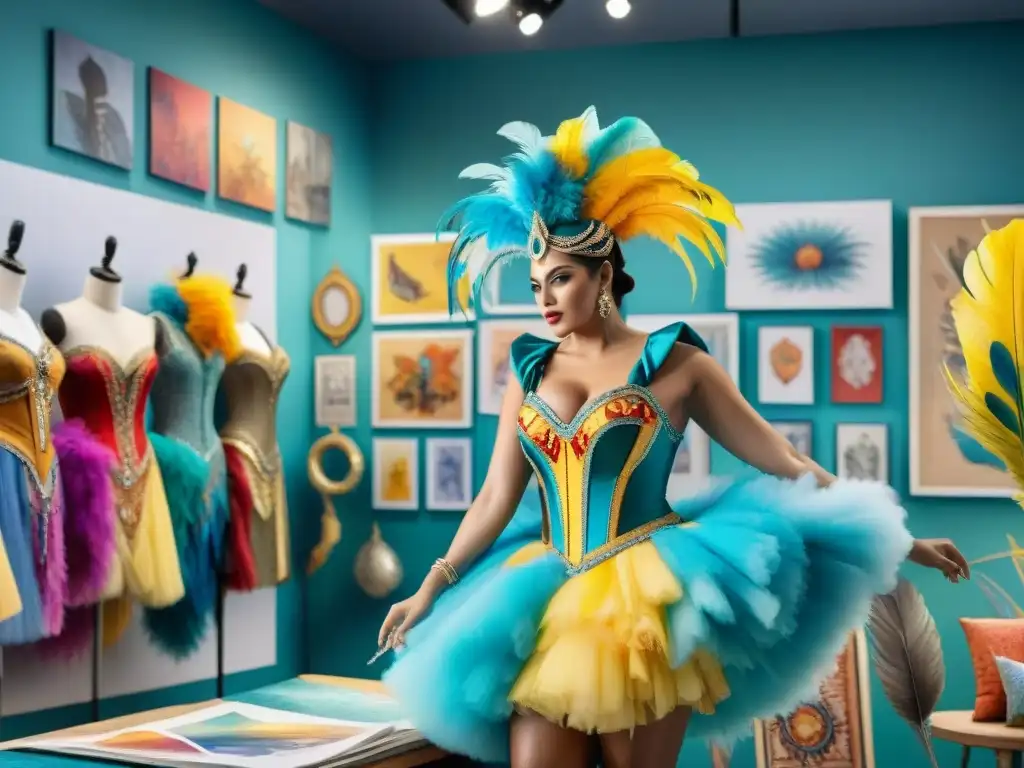 Diseñadores de Carnaval en Uruguay crean con pasión Vibrante proceso creativo diseñadores Carnaval Uruguayo esbozando trajes elaborados en estudio caótico