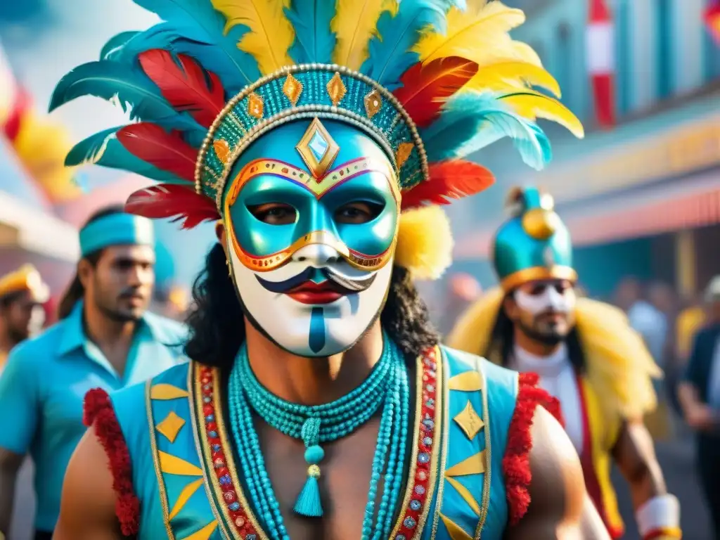 Un vibrante retrato en acuarela de Accesorios Carnaval Uruguayo auténticos, con máscaras coloridas, tocados elaborados y trajes relucientes