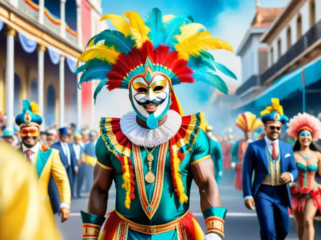 Carnaval uruguayo: danza vibrante y colorida Un vibrante retrato de los personajes del Carnaval Uruguayo en un desfile colorido