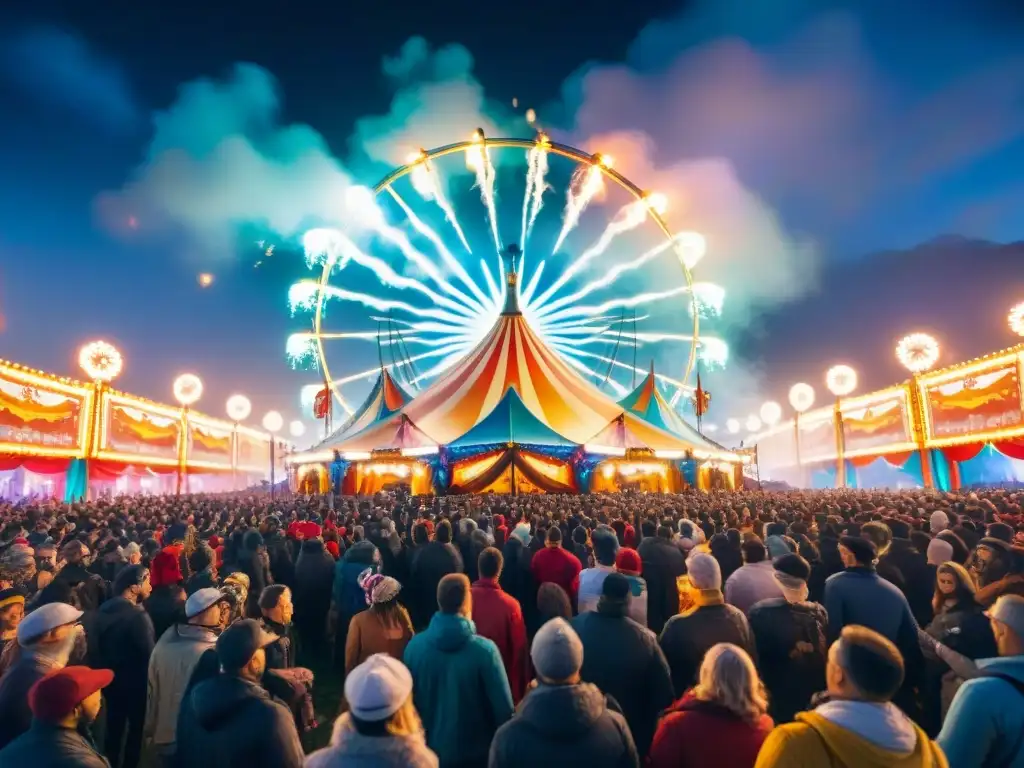 Escenario virtual de carnaval: acuarela vibrante Un vibrante tablado virtual del Carnaval Uruguayo, con avatares disfrutando la festividad bajo fuegos artificiales digitales