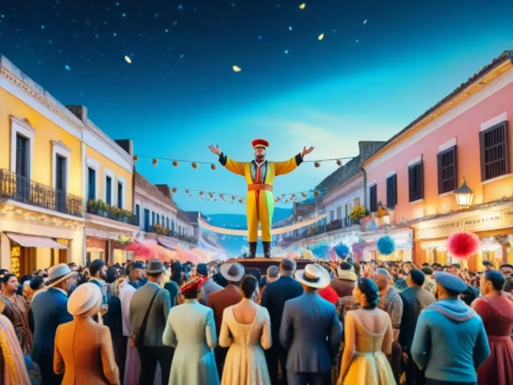 Tablado virtual del Carnaval Uruguayo: Detalles vibrantes y festivos Un vibrante tablado virtual del Carnaval Uruguayo con música, coloridos trajes y celebraciones en la noche estrellada