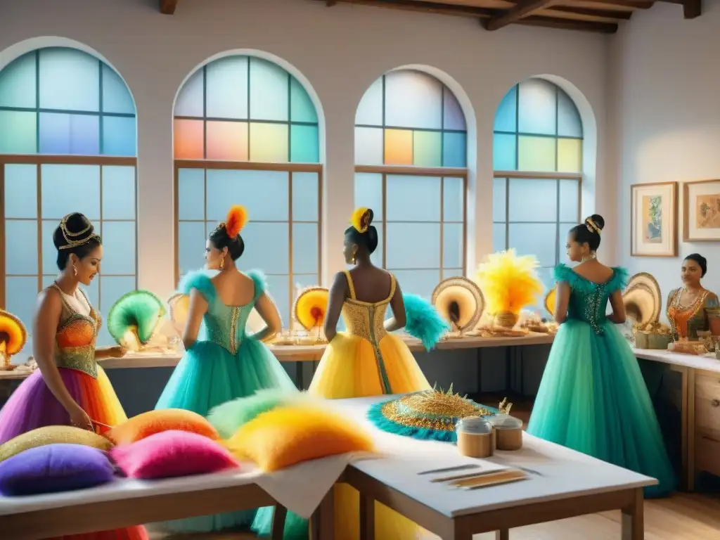 Arte en acción: Taller de Carnaval vibrante y detallado Vibrante taller de artesanos creando trajes de Carnaval detallados