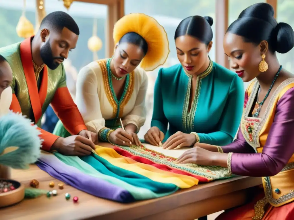 Arte y tradición: Artesanos creando trajes de Carnaval Un vibrante taller de artesanos uruguayos creando trajes de Carnaval, con mensajes ocultos en las telas