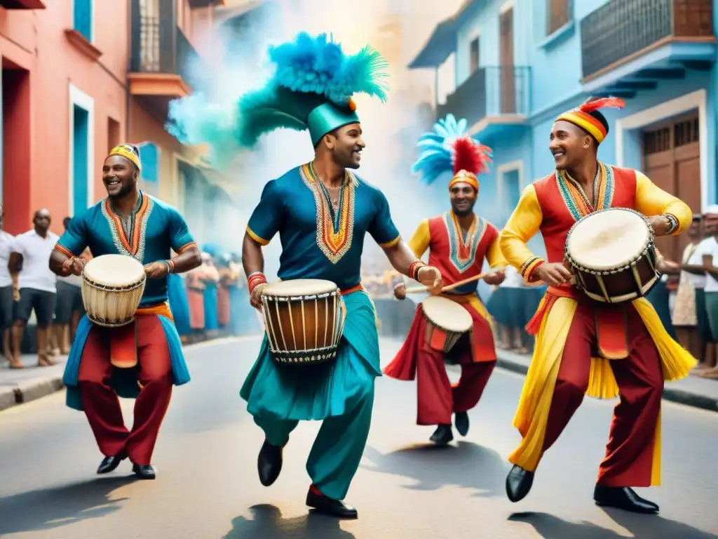 Vibrante Candombe: Baile y Color en Uruguay Vibrante taller de Candombe en Uruguay con bailarines y tambores en ilustración acuarela