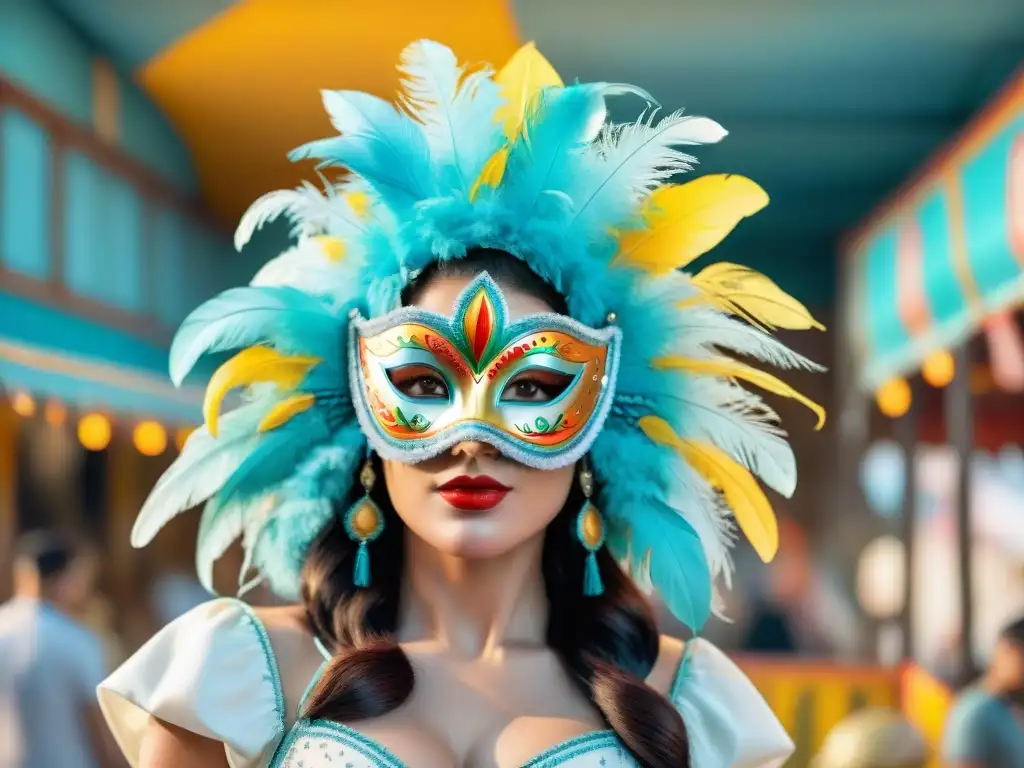 Taller de Carnaval en Uruguay: Detalles y Color Un vibrante taller de carnaval uruguayo, lleno de artesanos creando máscaras y trajes coloridos con plumas y lentejuelas