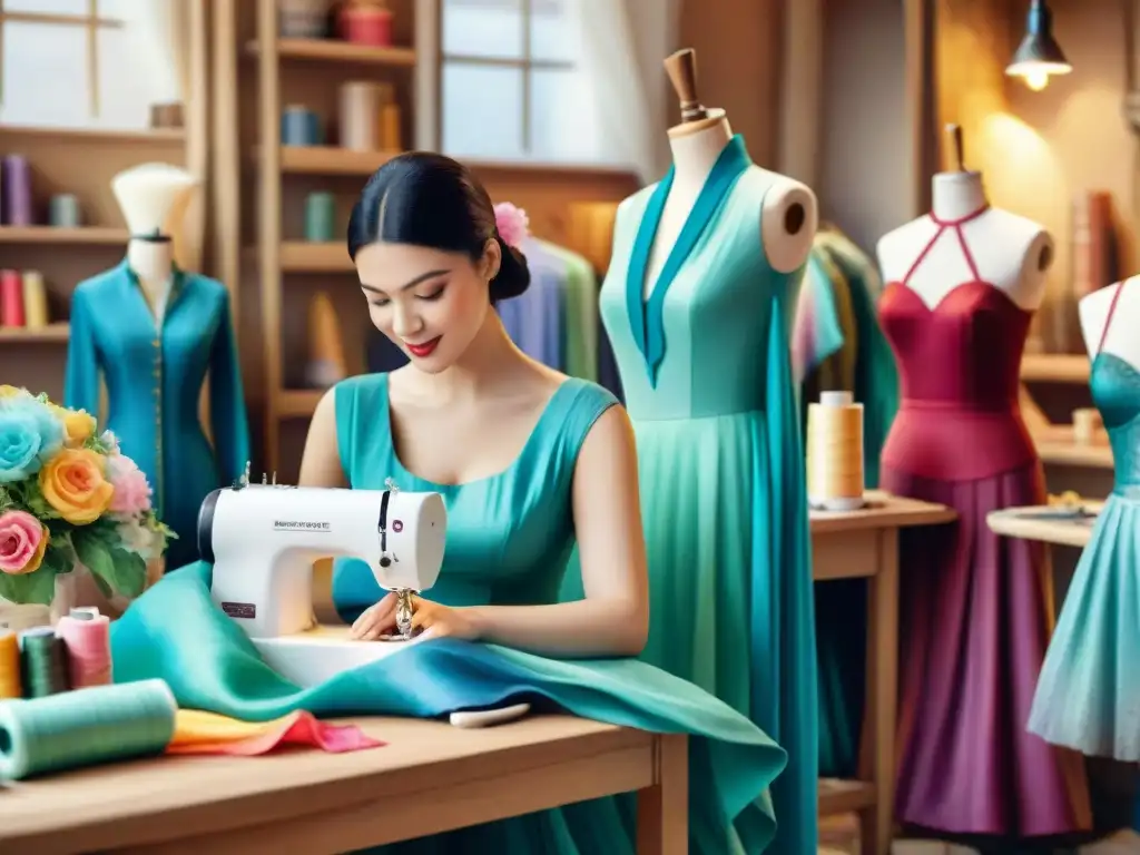 Colorida sastrería de carnaval: arte y comunidad en acuarela Un vibrante taller de costura para carnaval, lleno de coloridos tejidos y artesanos creando elaborados trajes festivos