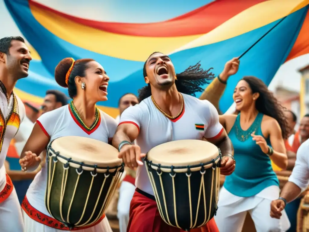Taller de Candombe: Diversidad y alegría en Uruguay Un vibrante taller de candombe en Uruguay con diversidad de participantes disfrutando la música y baile tradicional