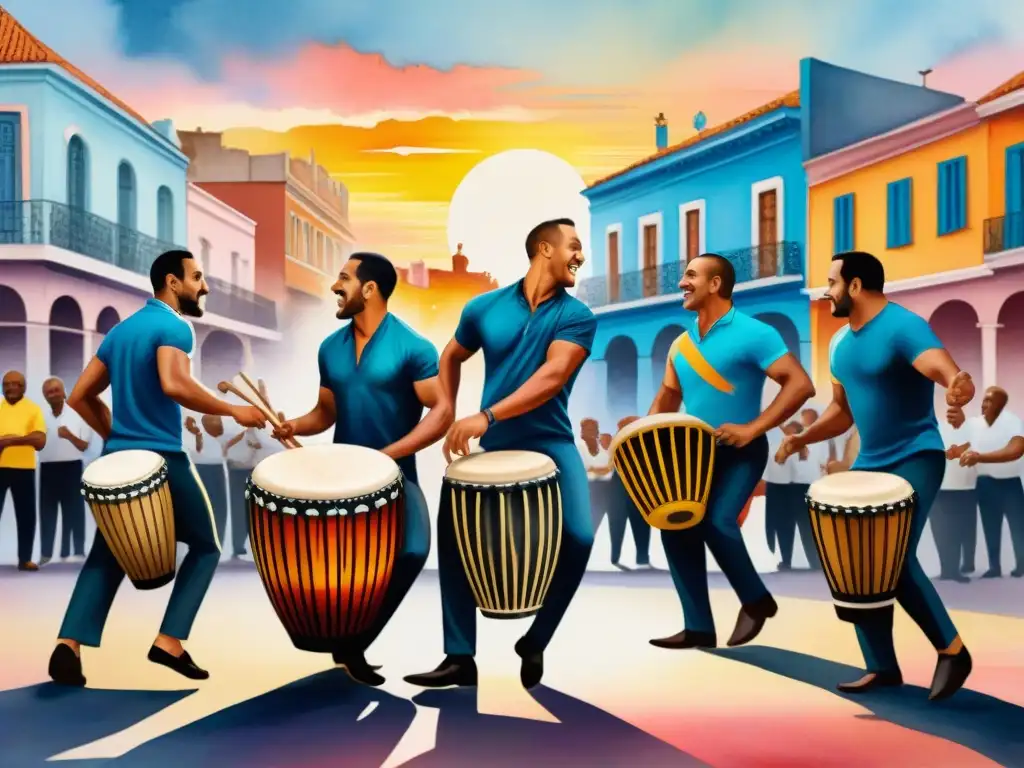 Vibrante candombe uruguayo en acuarela Un vibrante taller de candombe en Uruguay: músicos y bailarines junto a edificios históricos, bajo un atardecer colorido