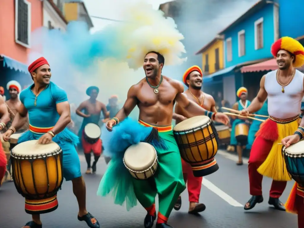 Vibrante taller de Candombe en Uruguay: pasión y comunidad Vibrante taller de candombe en Uruguay con participantes variados bailando y tocando tambores, lleno de pasión y color