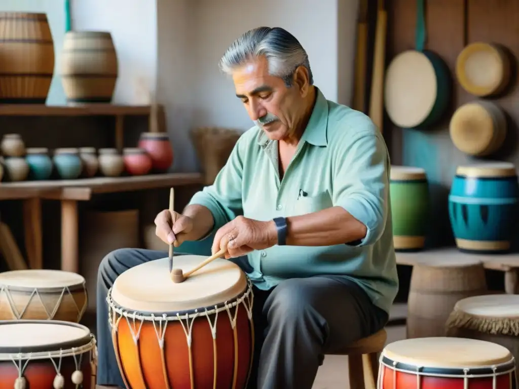 Artesanos del tambor en Uruguay: tradición y color Vibrante taller de fabricación de tambores en Uruguay, donde el arte se transmite de generación en generación