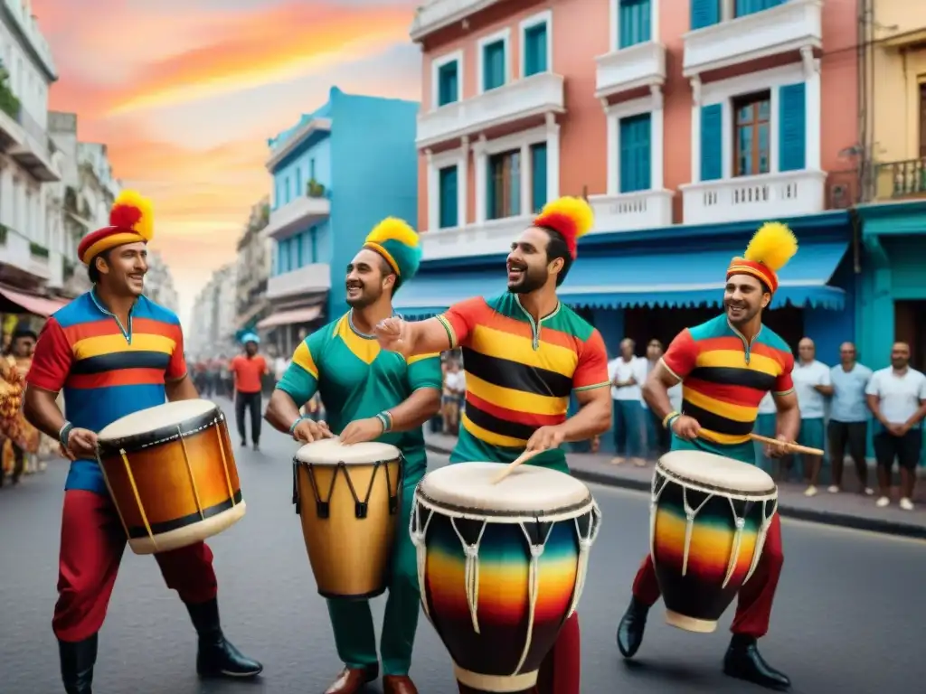 Drummers de candombe en Montevideo: ritmos vibrantes Un vibrante taller de candombe en Uruguay: tambores, ritmos y coloridas vestimentas bajo el cielo de Montevideo