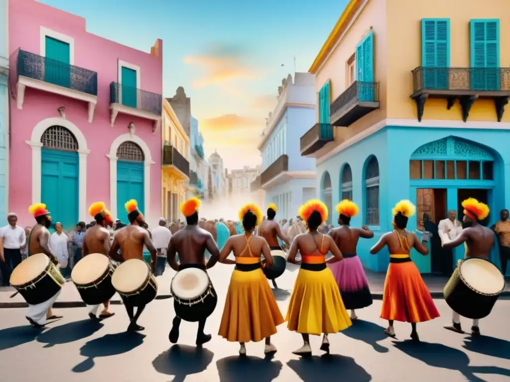 Vibrante candombe en Montevideo: baile y color en las calles Vibrante talleres de candombe en Uruguay: gente bailando al ritmo de tambores, colores y energía contagiosa