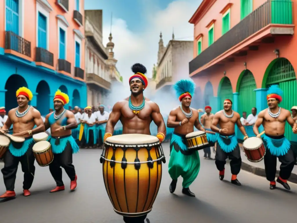 Candombe en Montevideo: Tradición y Colorido Vibrante talleres de Candombe en Uruguay con músicos, bailarines y espectadores animados