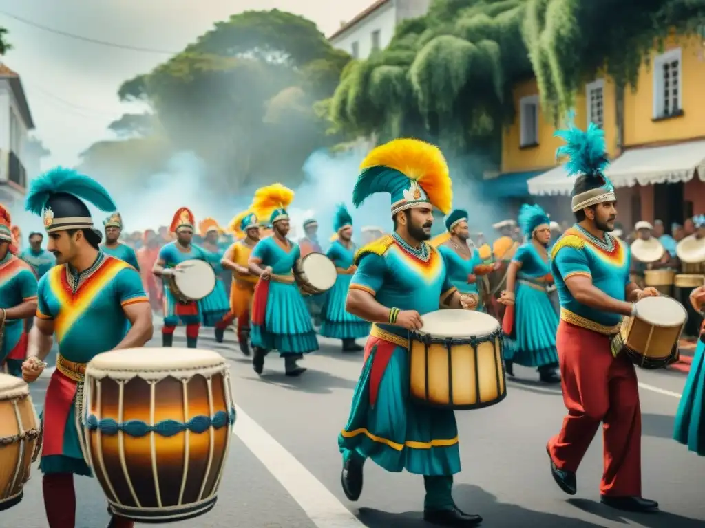 Desfile de Candombe en Uruguay: ilustración acuarela 8k vibrante Candombe vibrante en Uruguay: desfile con tambores, bailarines y música afro