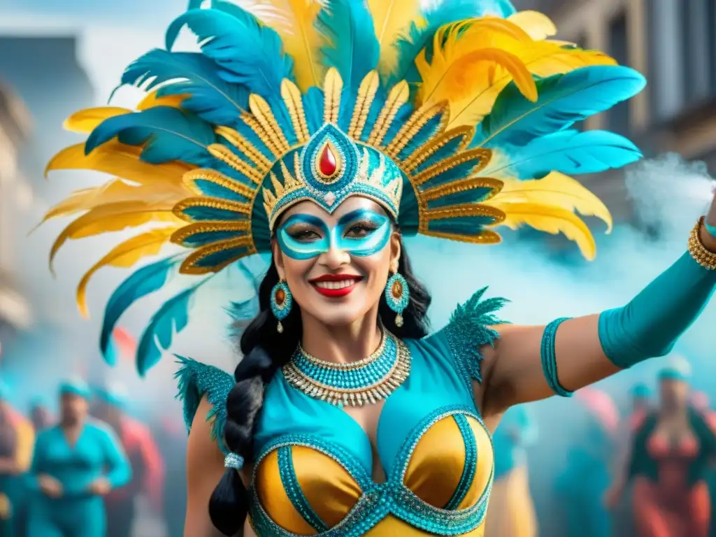 Traje vibrante del Carnaval Uruguayo: danza y color Un vibrante traje de Carnaval Uruguayo con plumas coloridas y diseños intricados, en medio de una celebración llena de energía y música