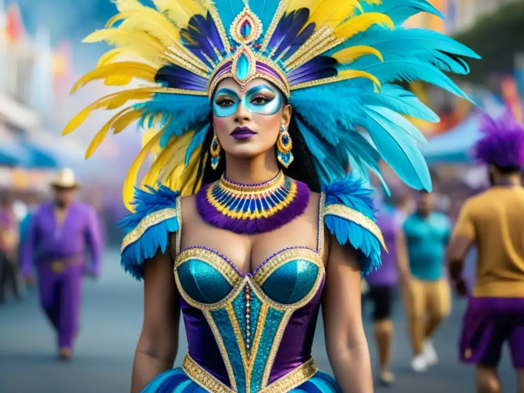 Disfraz de carnaval uruguayo: plumas, lentejuelas y detalles vibrantes Diseño vibrante de traje de carnaval uruguayo con plumas brillantes y patrones detallados