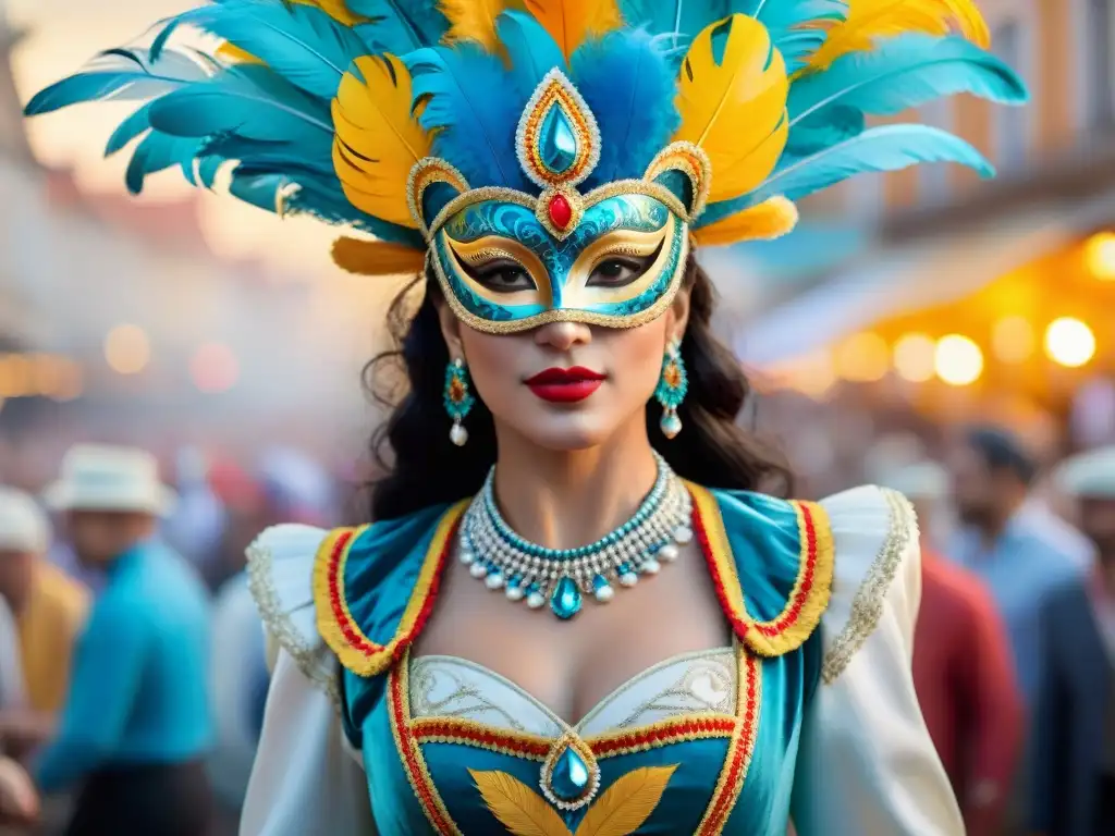 Deslumbrante traje de Carnaval uruguayo en acuarela Un vibrante traje de Carnaval Uruguayo es exhibido en detallada acuarela, destacando su bordado, plumas y lentejuelas
