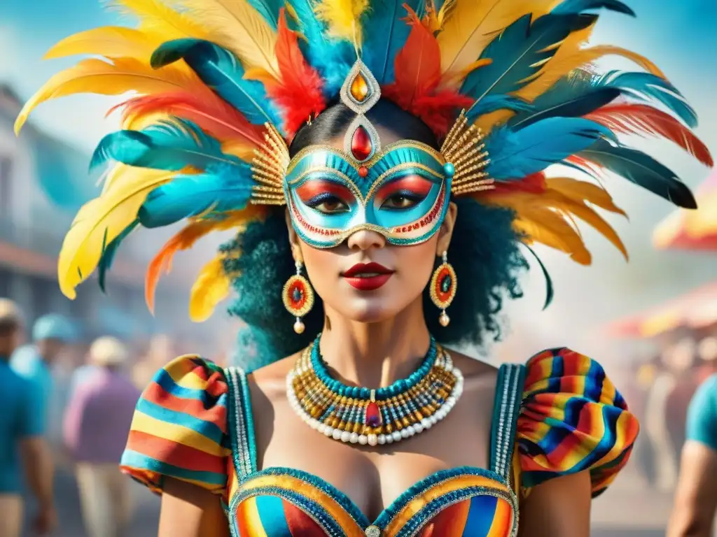 Traje de carnaval uruguayo: colorido y detallado Un vibrante traje de Carnaval Uruguayo con joyas ocultas, colores intensos y detalles elaborados