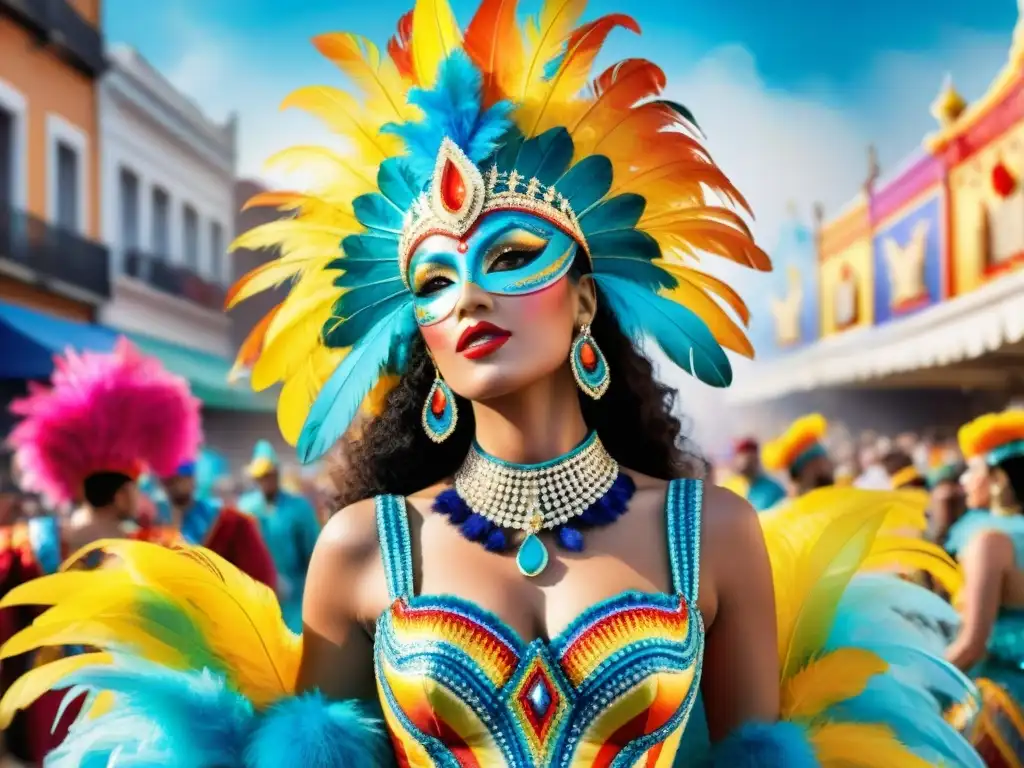 Deslumbrantes trajes de Carnaval Uruguayo en acuarela Vibrante ilustración acuarela de trajes Carnaval Uruguayo con plumas, lentejuelas y patrones elaborados en desfile festivo