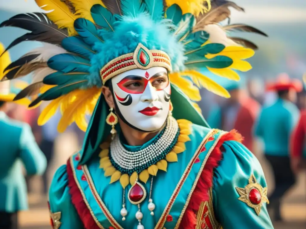 Traje de Carnaval uruguayo: colorido y detallado Una ilustración acuarela vibrante de trajes históricos Carnaval Uruguayo, detallados y coloridos con plumas y lentejuelas