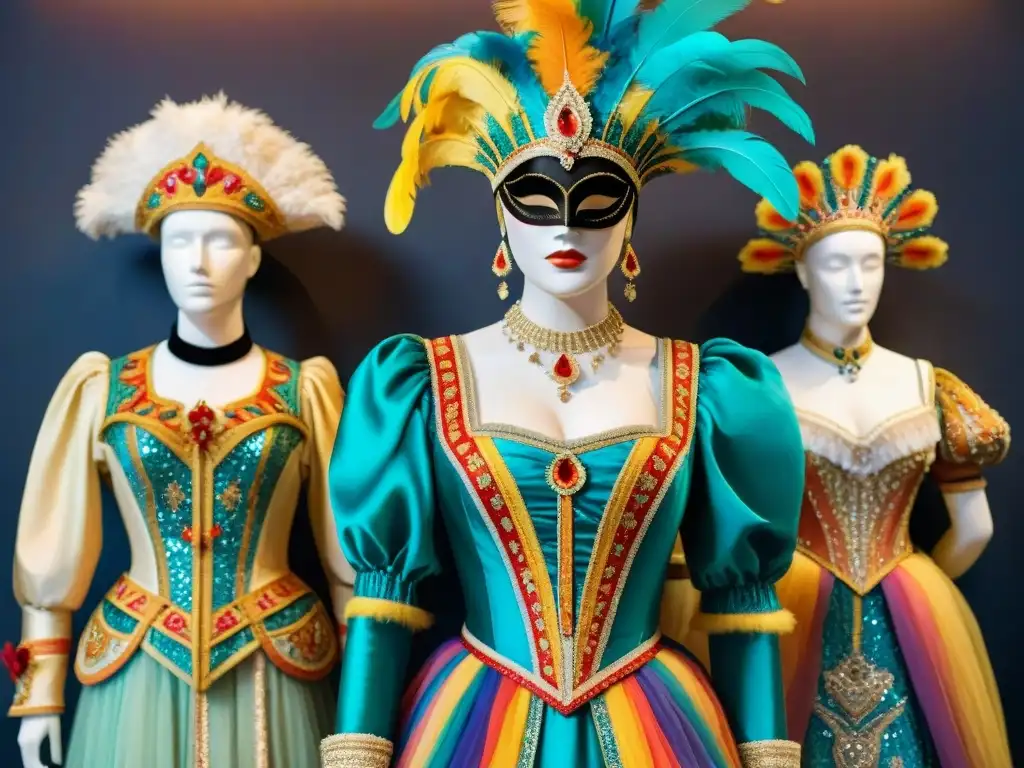 Exquisitos trajes de carnaval históricos: acuarela vibrante Una ilustración acuarela vibrante de trajes históricos de Carnaval ricamente detallados y coloridos, colgados en un museo