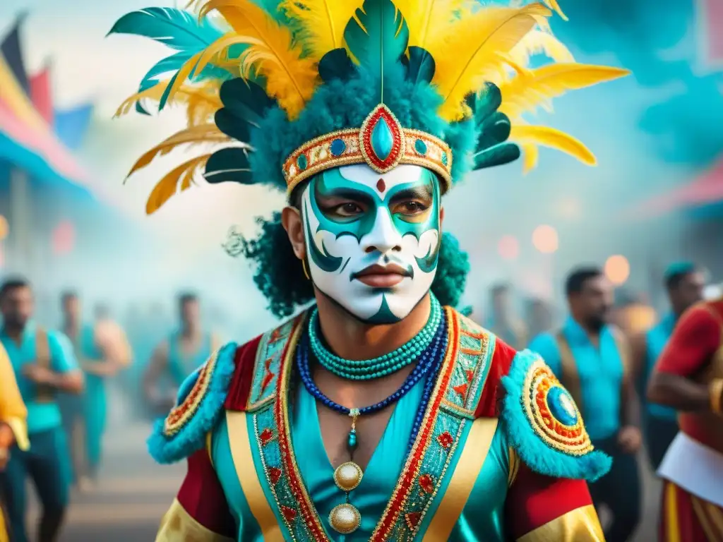 Traje Carnaval Uruguayo: fusión de tradición y cine Un vibrante vestuario del Carnaval Uruguayo con influencias del cine y la televisión, resaltando el impacto en el diseño de vestuario