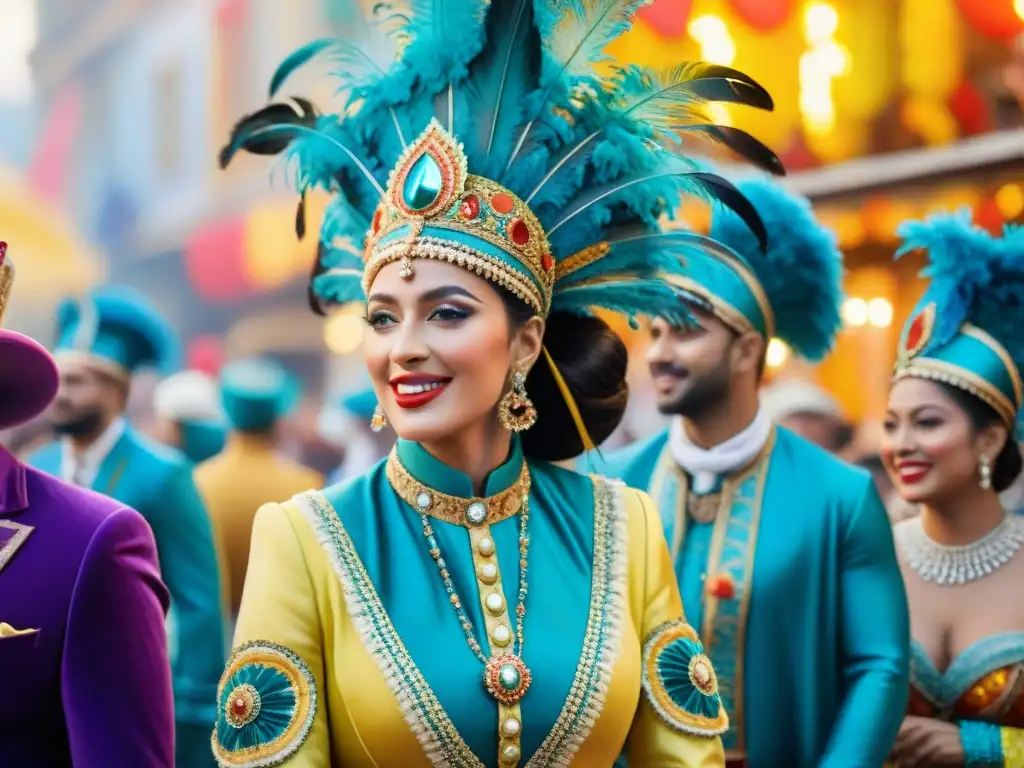 Colorida procesión de parodistas en Carnaval Vibrante evolución del vestuario parodistas carnaval en detallada ilustración acuarela