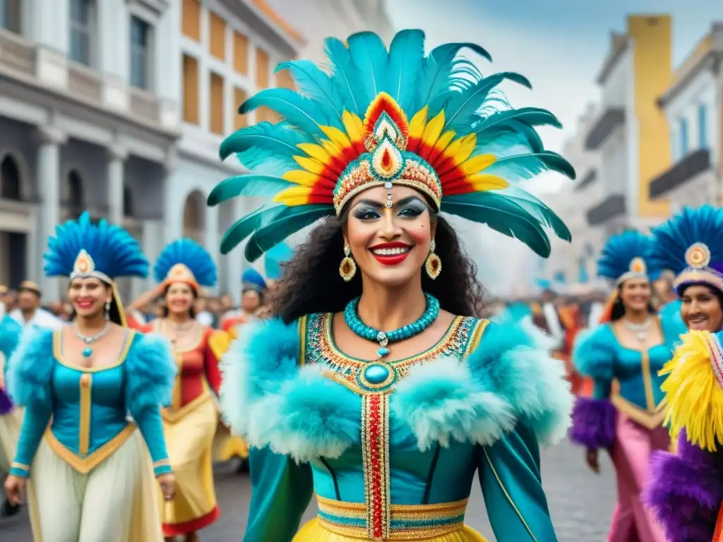 Evolución de trajes de Carnaval en Uruguay: de tradicionales a innovadores Una vibrante evolución de vestuarios de Carnaval Uruguayo, desde lo tradicional a lo moderno, en una detallada ilustración acuarela