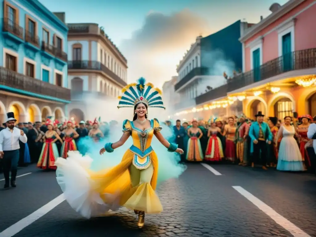 Pintura acuarela del Carnaval uruguayo: colores vibrantes y alegría Vibrante vida urbana durante el Carnaval Uruguayo, colores y movimiento festivo