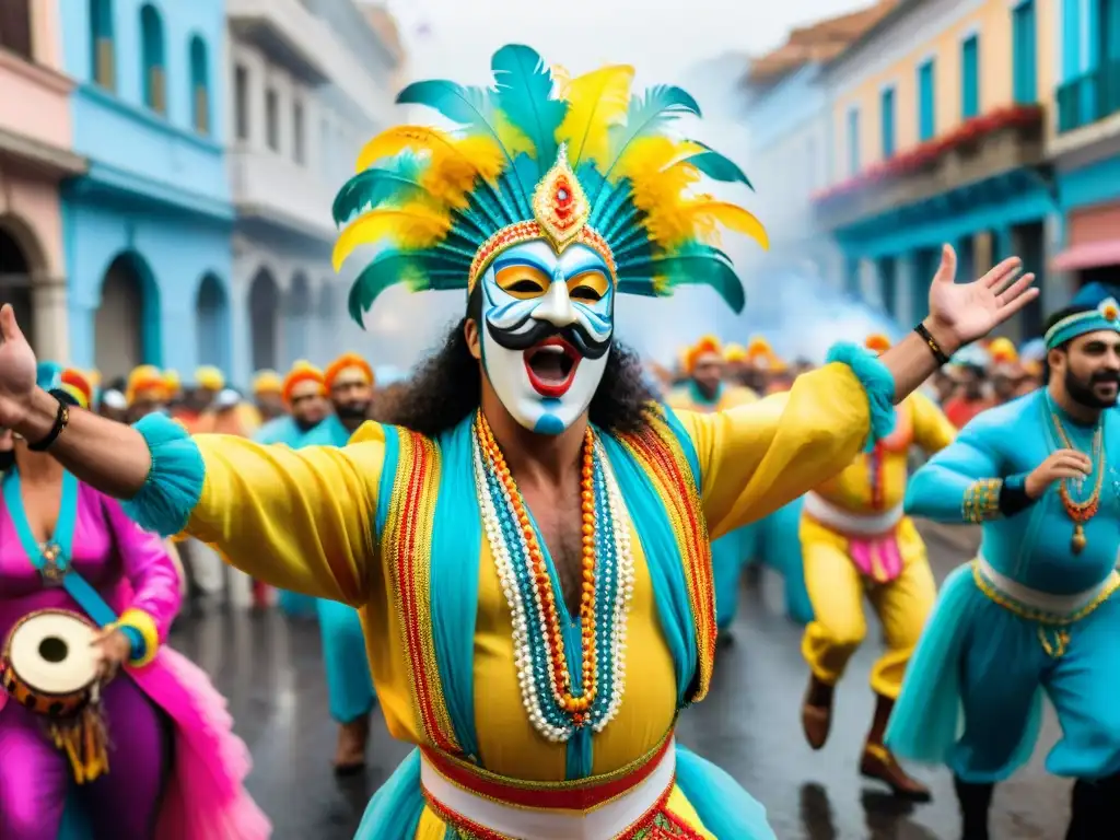 Vibrante Carnaval en Uruguay: danza, música y color Vibrante transmisión en vivo del Carnaval Uruguayo: desfile colorido, música tradicional y espectadores animados en las calles