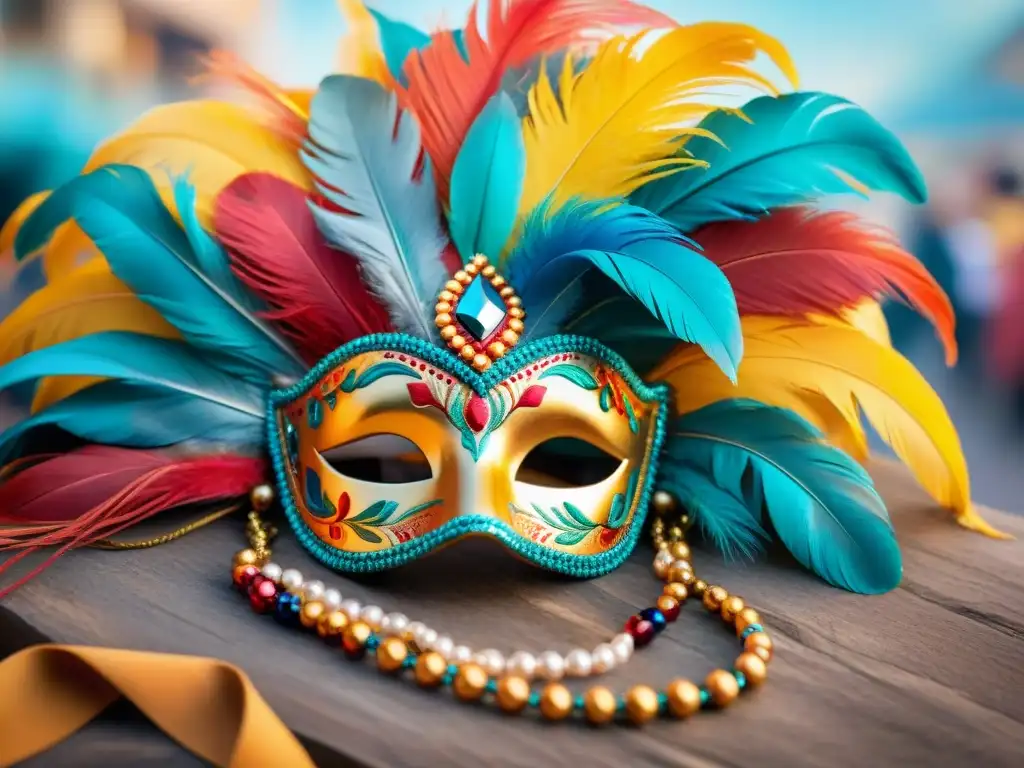 Arte en acuarela: Carnaval uruguayo vibrante y detallado Vibrantes accesorios del Carnaval Uruguayo destacados en una pintura acuarela detallada y colorida