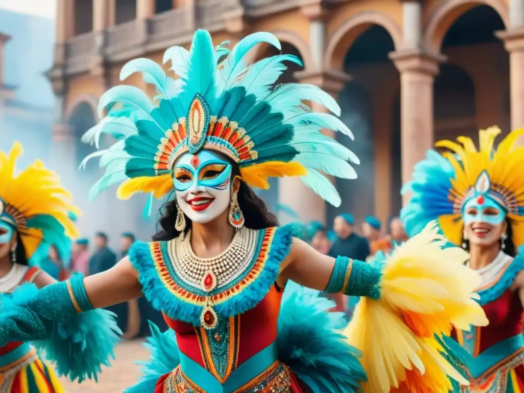 Danza de Carnaval en Uruguay: Color y Tradición Vibrantes bailarines de Carnaval en Uruguay danzan con máscaras y plumas, fusionando tradición y tecnología con podcasts sobre Carnaval Uruguayo