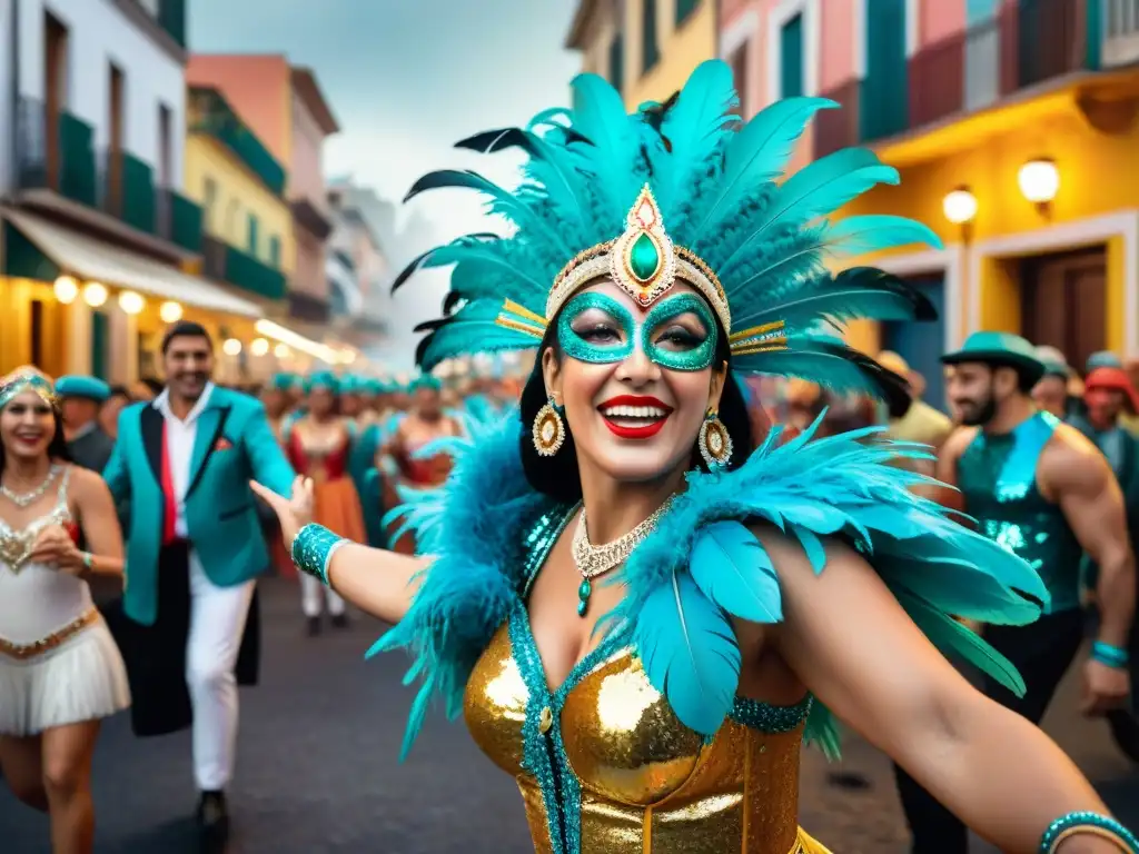 Desfile vibrante de Carnaval en Montevideo, Uruguay Vibrantes bailarines de Carnaval en Montevideo, Uruguay, transmiten una de las mejores experiencias Carnaval Uruguayo