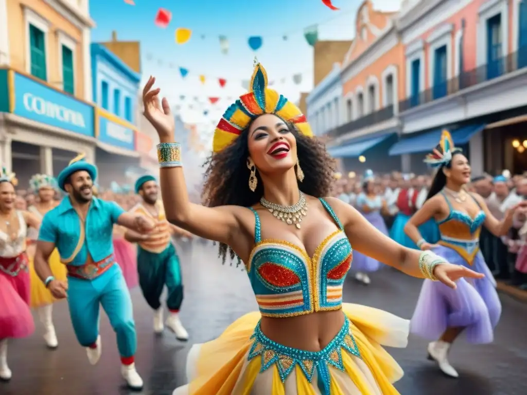 Bailarines de Carnaval en Uruguay: Colorido y Festivo Vibrantes bailarines de carnaval en Uruguay, rodeados de alegría y color