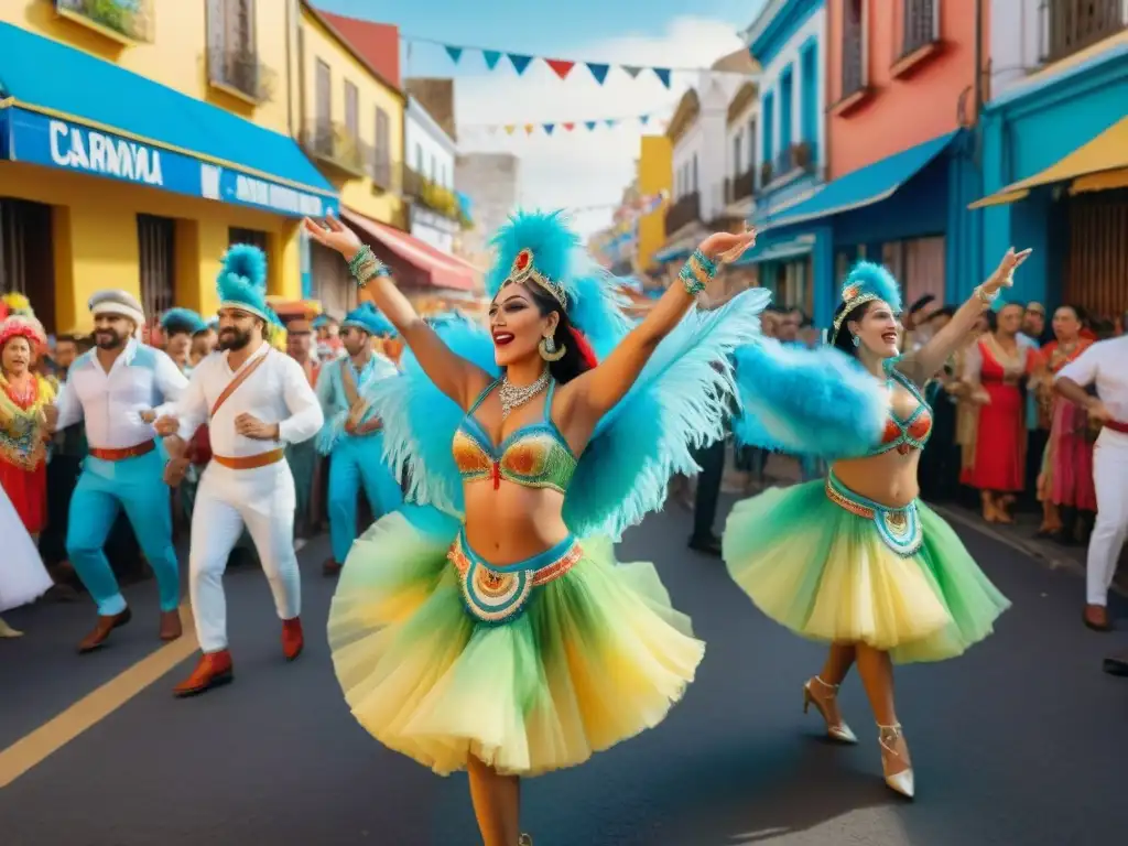 Carnaval Uruguayo: Baile y Color en las Calles Vibrantes bailarines de Carnaval Uruguayo en detallada ilustración acuarela, capturando la energía y alegría de la festividad