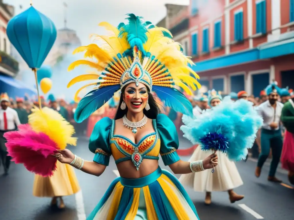 Colorida danza de Carnaval Uruguayo: vibrante celebración cultural Vibrantes bailarines de Carnaval Uruguayo con trajes tradicionales, plumas, máscaras y faldas, en desfile callejero