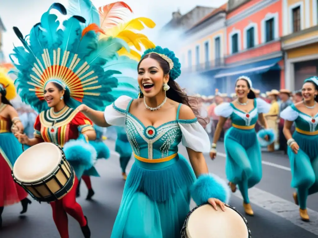 Baile tradicional en Carnaval Uruguayo: Color y alegría Vibrantes bailarines del Carnaval Uruguayo en trajes coloridos, plumas y lentejuelas, danzando al ritmo de tambores de candombe en desfile festivo