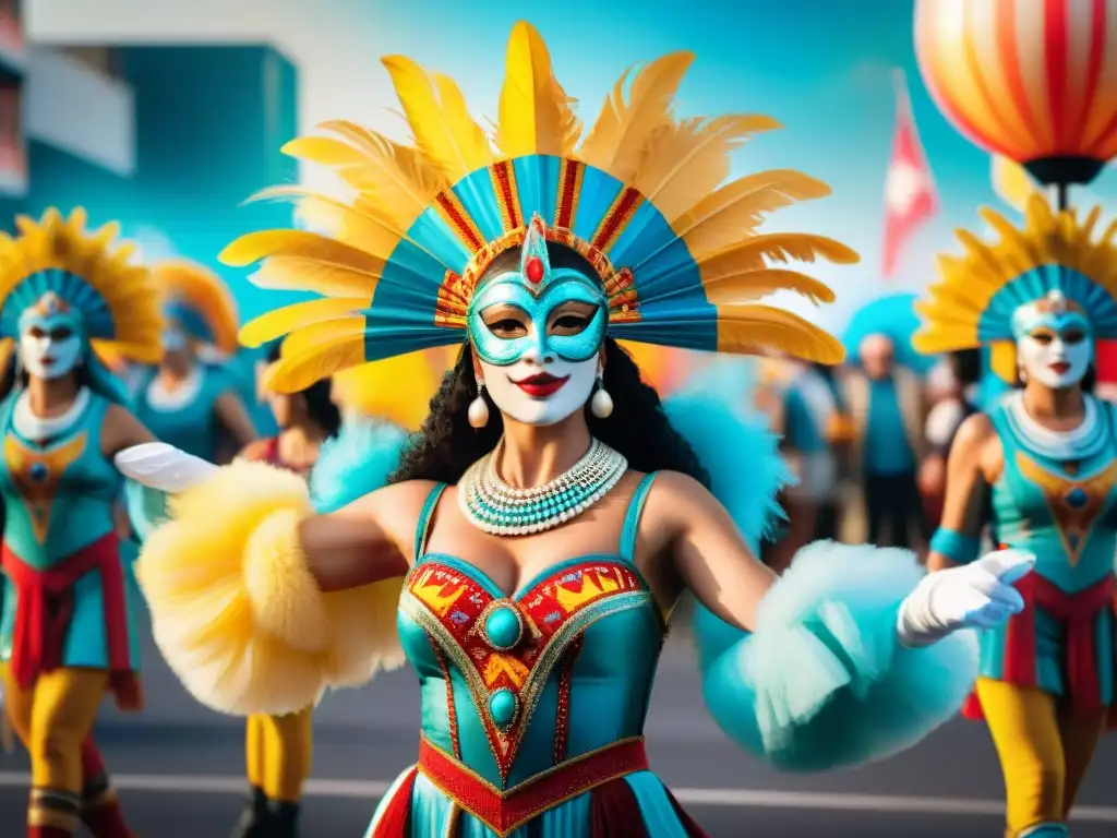 Baile de Carnaval Uruguayo: Tradición y Tecnología Fusionadas Vibrantes bailarines de carnaval uruguayo fusionan tradición y tecnología en un paisaje digital