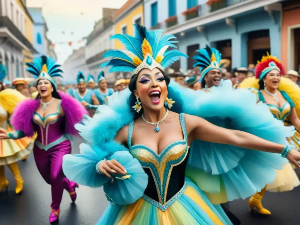 Deslumbrante carnaval de danzas y color en Uruguay Vibrantes bailarines en desfile de carnaval uruguayo, capturados en acuarela detallada