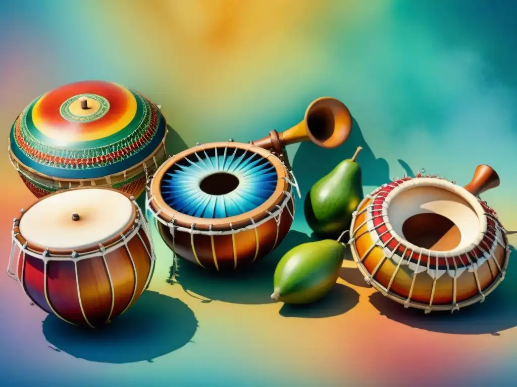 Armonía vibrante: ilustración acuarela de instrumentos de murga Vibrantes instrumentos de la murga Uruguay en acuarela detallada y colorida