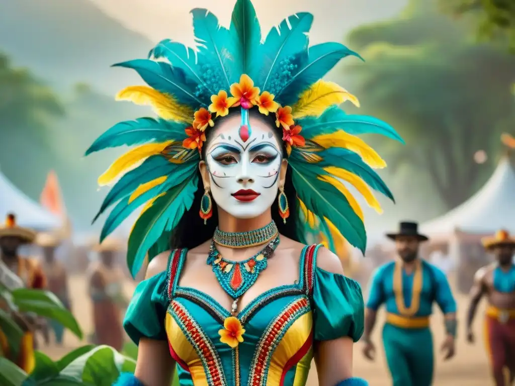 Vibrante pintura acuarela de murgas uruguayas con mensaje ecológico Vibrantes murgas y comparsas de Uruguay transmiten mensajes ecológicos en un detallado acuarela