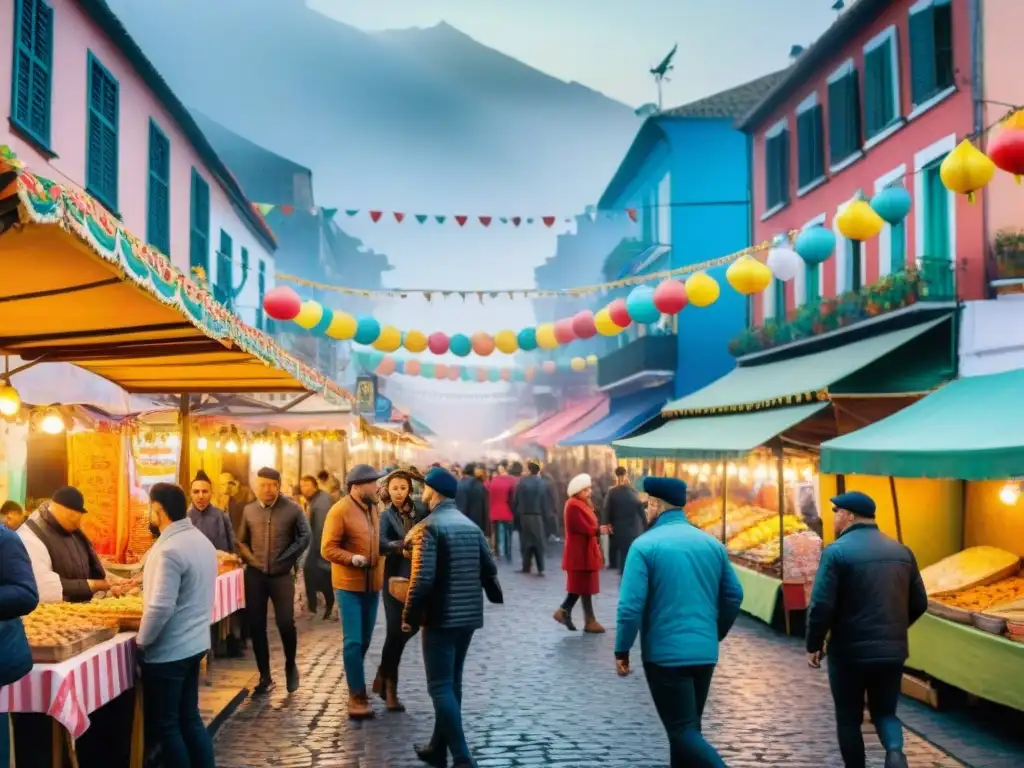 Carnaval Uruguayo: Pintura acuarela de escena callejera vibrante Vibrantes puestos de comida en el Carnaval Uruguayo con sabores tradicionales como asado, chivito y empanadas