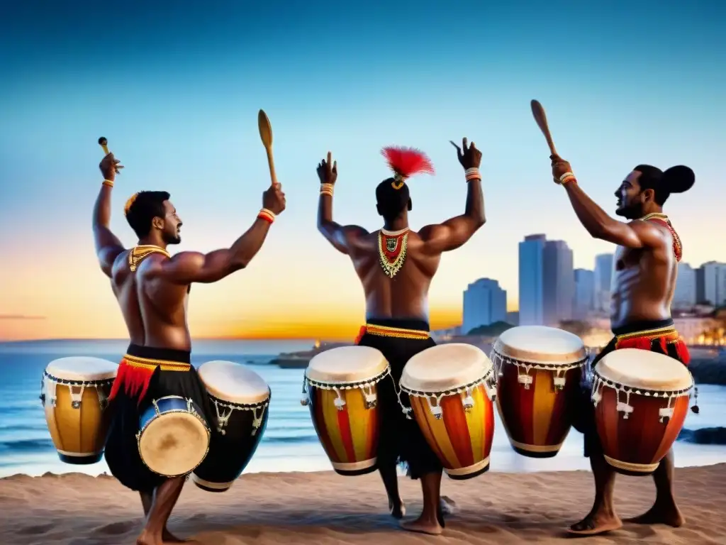 Vibrantes tambores Candombe en Uruguay bajo la luna, en detallada acuarela