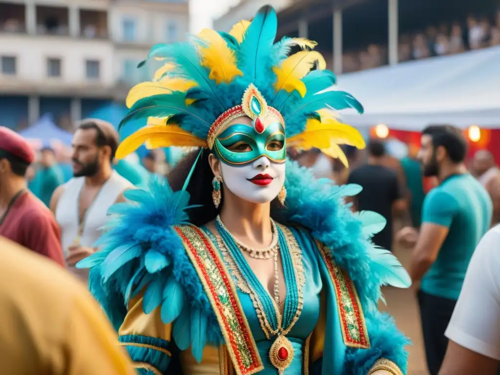 Preparativos vibrantes para el Carnaval en Uruguay Vida de los artistas del Carnaval: Colorido backstage uruguayo en acuarela detallada